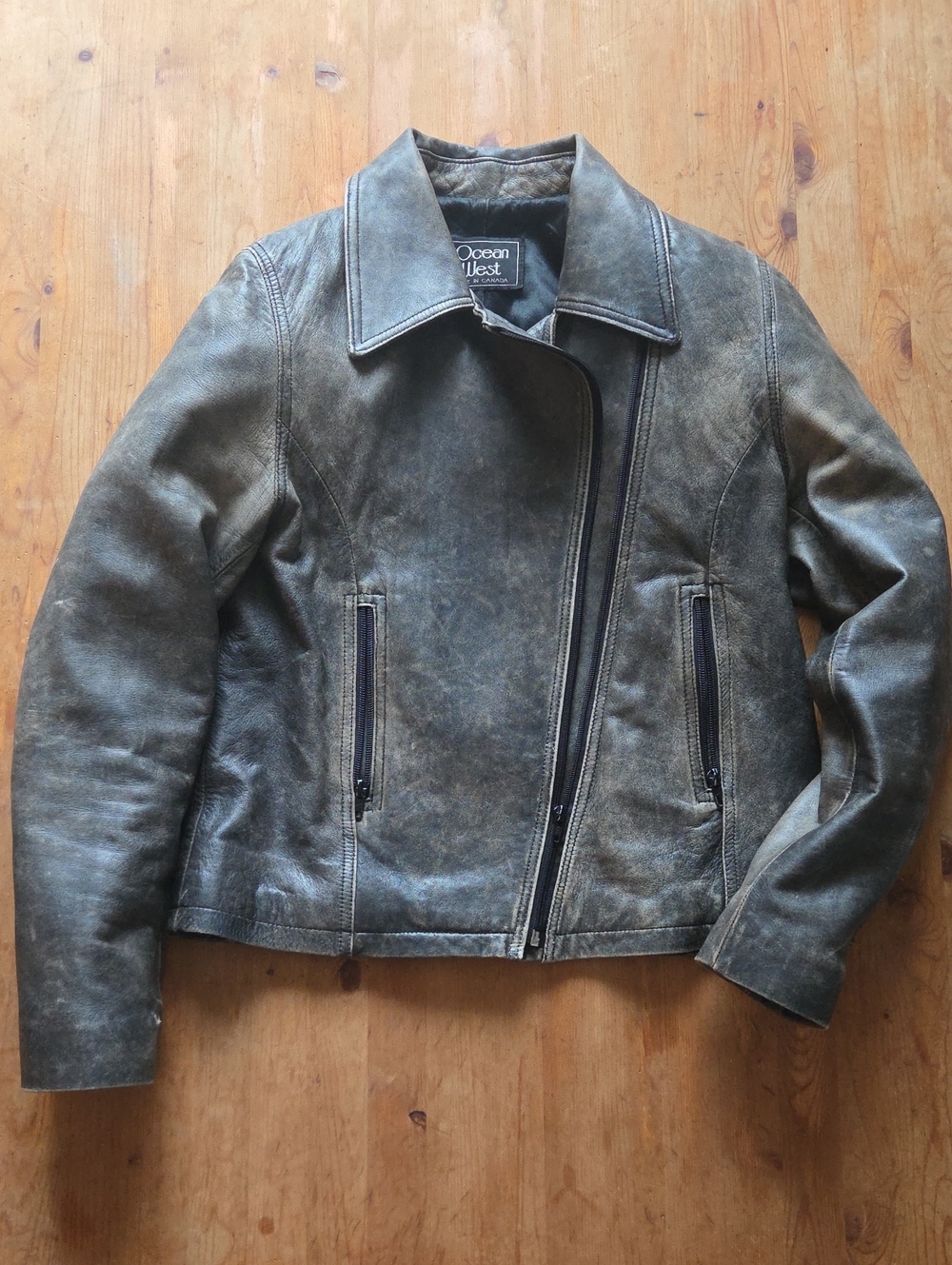Ocean West Distressed Chocolate Brown Real Leather Moto Jacket Sz S Canadian VTG